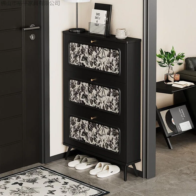 Black ultra-thin tipping bucket shoe cabinet, new 2026 popular entrance cabinet at the door of the home, integrated simple