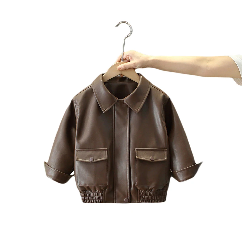 Baby Jungen Mädchen Zipper Jacken Braun PU Leder Revers Kragen Mäntel Koreanischen Stil Frühling Herbst Einreiher Kleinkind Strickjacken – Detail 5