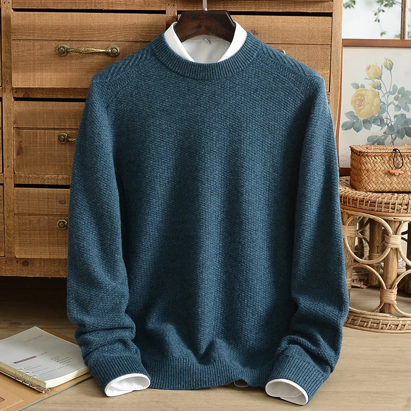 

Winter casual cashmere sweater men's pure cashmere warm thickened solid color middle-aged round neck jacquard cashmere sweater