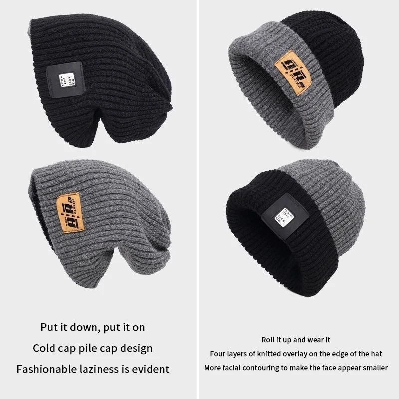 Winter Warm Ear Protection Hat For Women Baggy Slouchy Beanie Fashion Color Block Woolen Pullover Cap Girl Pile Knit Hat