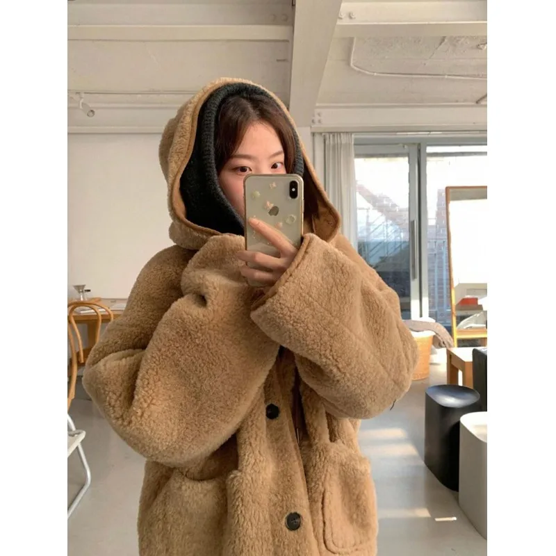 Korean Style Autumn Winter Hooded Lamb Fur Jacket Loose Thick Warm Lazy Style Women's Coat Open Front  Color Chinese Pro...