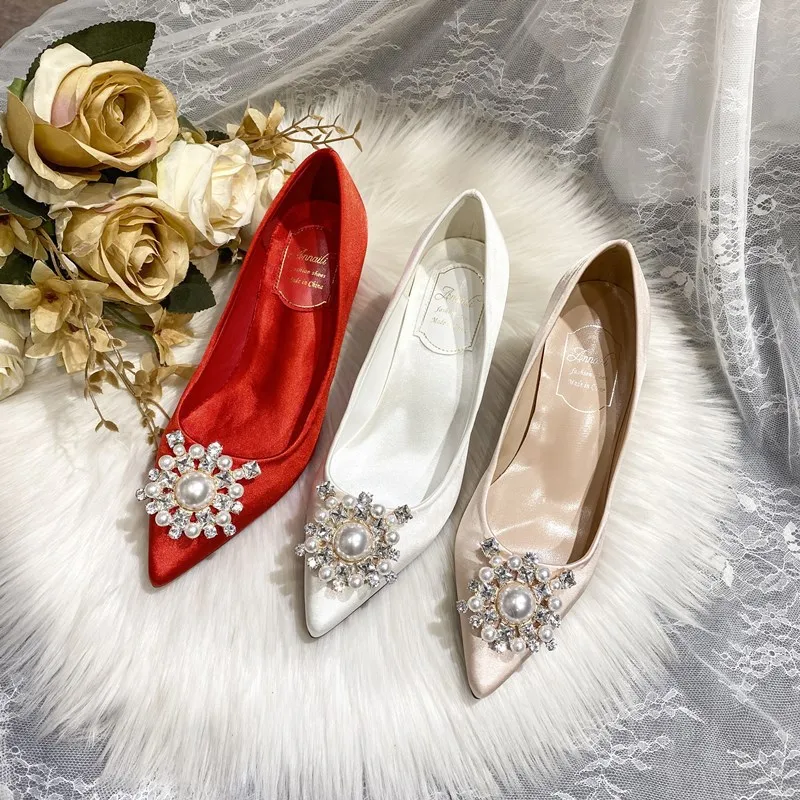 33-43 Red Chunky Heel Wedding Shoes Women 2024 Low Heel Rhinestone Chinese Style Xiuhe Shoes