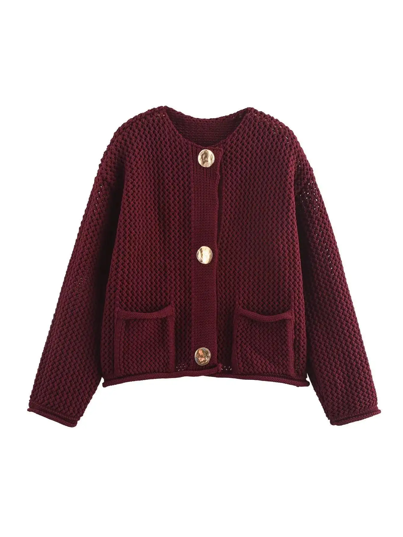 Cozy and Trendy Women's Wine Red Cardigan with Coarse Yarn Loose Fit Sweater