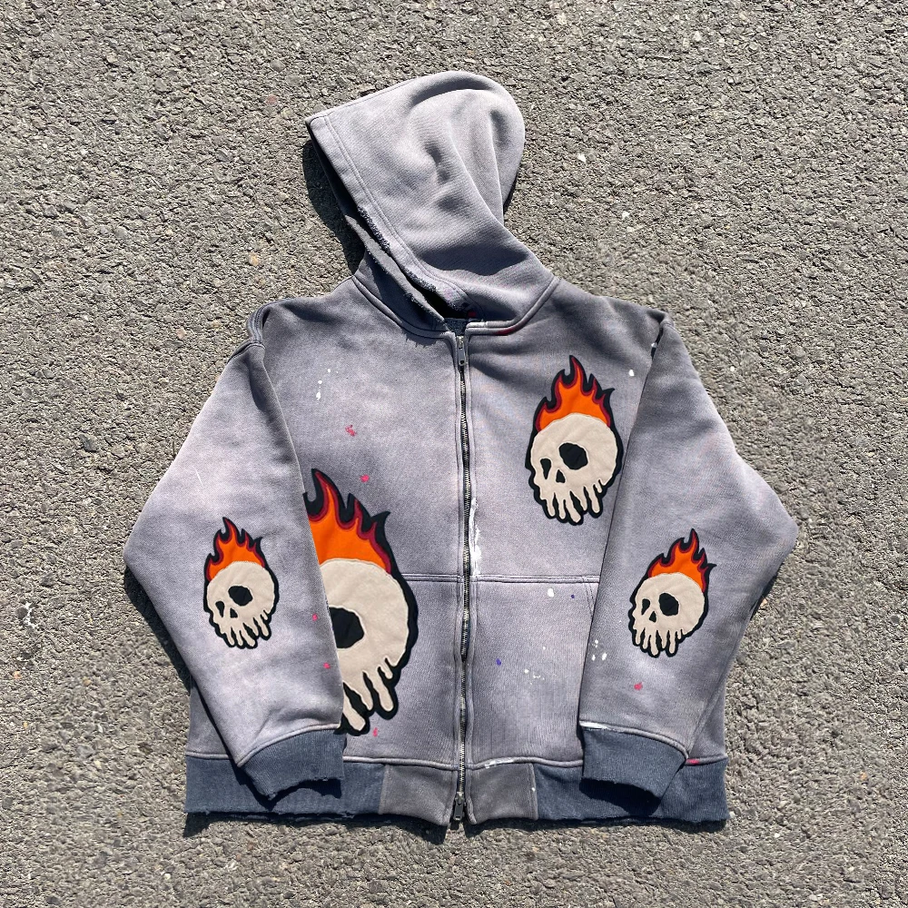 Handmade Heavy-Destroyed Hooded Open Cardigan Skull Patch Cloth Only for Heart's Delight Pure Handmade Craftsmanship