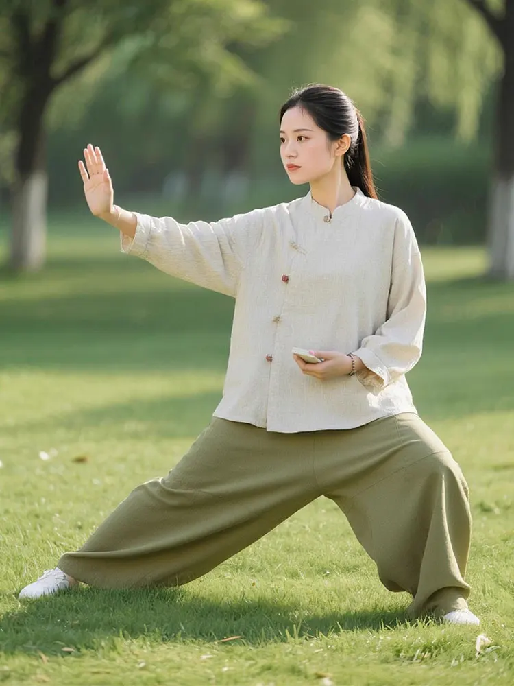 Women's Cotton Linen Long Sleeve Tai Chi Set Dragon Swimming Punch Morning Exercise Zen Meditation Loose Fit Casual Sportswear