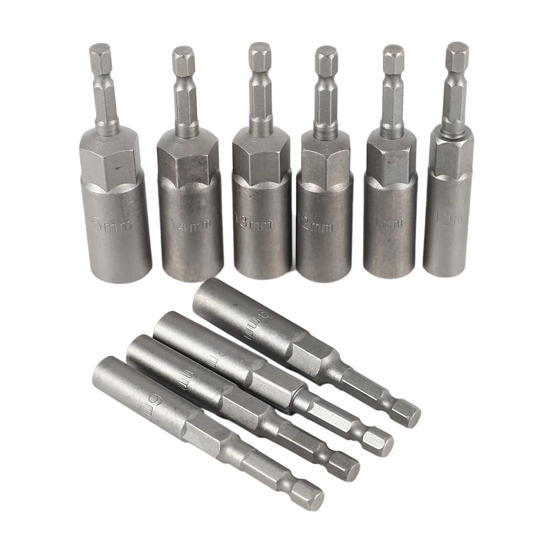 10Pc 1/4 Inch Wrench Hex Bit Socket Set Deep Long 1/2 Inch Impact Drill Socket Adapter Drill Bits