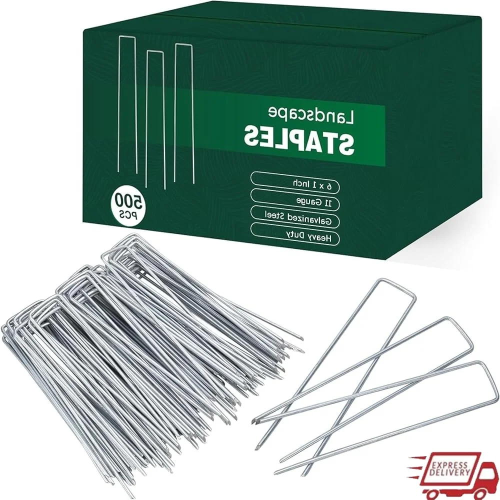 

500 упаковок, 6 дюймов, 11 калибра, оцинкованные стальные ландшафтные скобы, сверхмощные садовые колья, U-образные штифты для газона, контроль эрозии