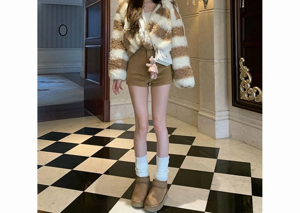 Striped jacket, lamb wool, extra thick jacket, cotton hooded, autumn and winter warm short cardigan