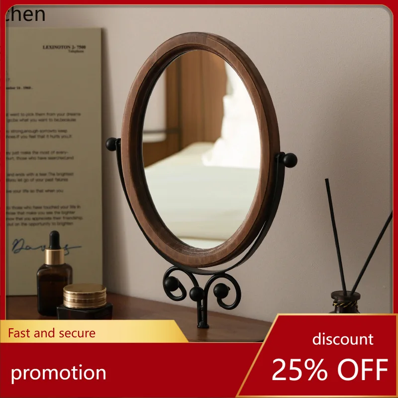 

ZML bedroom tabletop mirror, solid wood makeup mirror, home desktop wooden Chinese-style standing rotatable dressing mirror