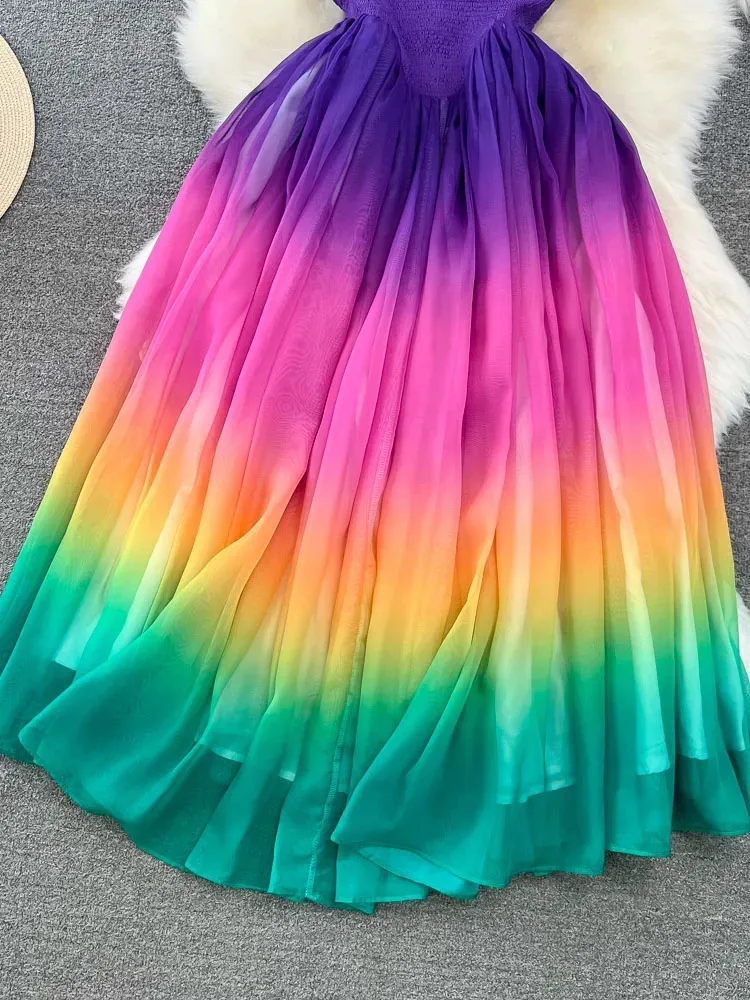 Women Summer Vestidos Fashion Style Sleeveless Round Neck Waist Wrapped A-Line Rainbow Gradient Elegant Chiffon Dress D5616