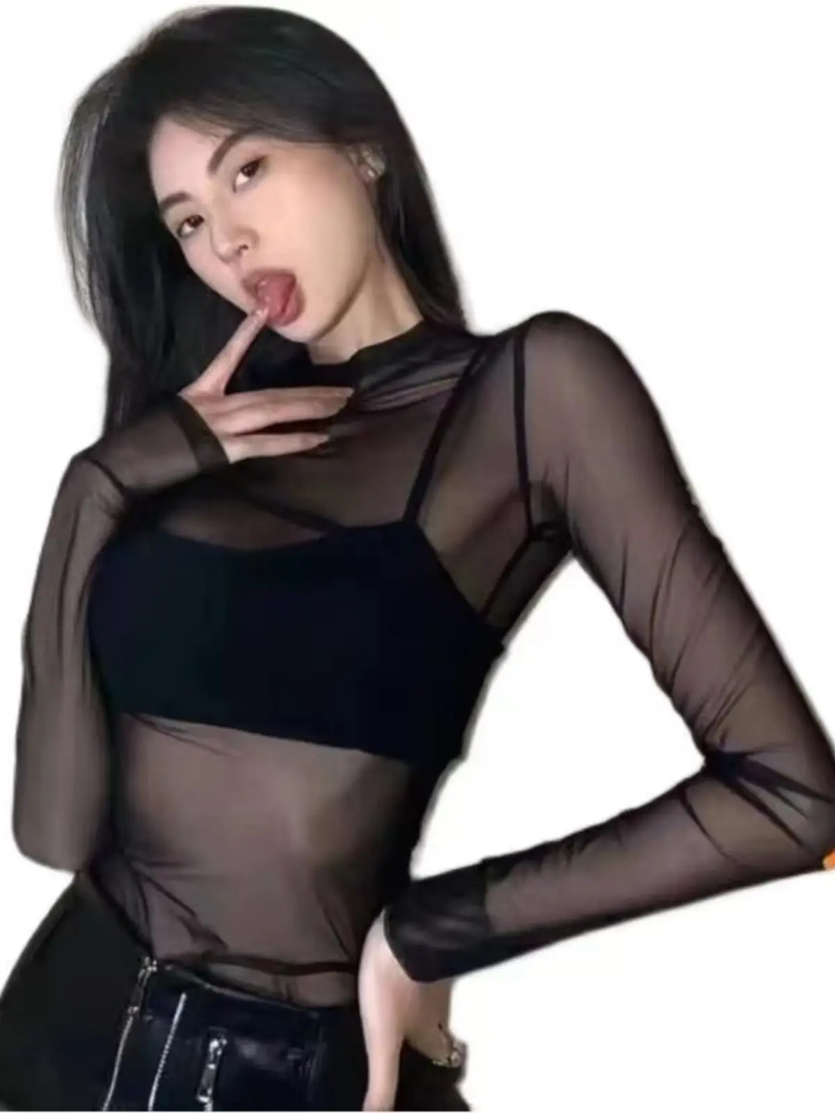 Sexy Sun Protection Ice Silk Long Sleeve Mesh See through Thin round Neck Lace Top Women's Summer Base Shirt Translucent Cove...