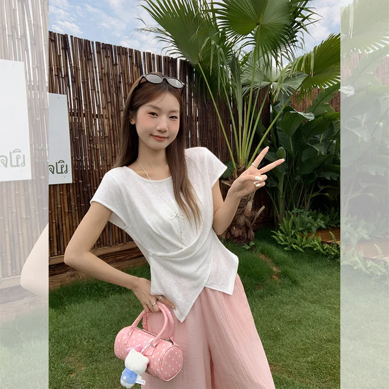 2025 Summer Korean Style Fashion Button Round Neck Short Sleeve T-Shirt for Women, Thin and Slightly Transparent, Slim Fit,
