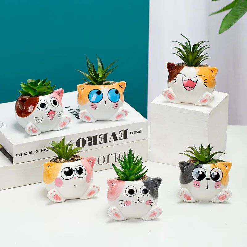 Nordic Simplicity Ceramiczna doniczka Cartoon Cat Home Decoration Ornament Mini Bonsai Planter Succulent Flowerpots Ornament 1szt.