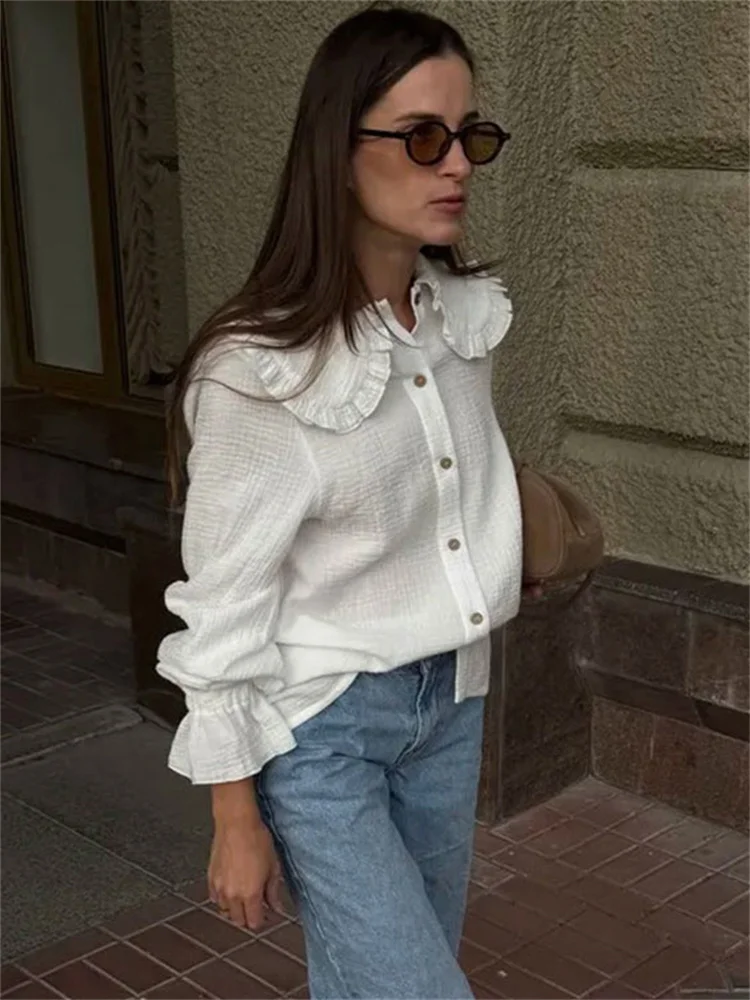 

Tossy White Summer Ruffled Shirts Top Female Casual Lapel Patchwork Slim Long Sleeve Solid Blouse Clothes Women's Shirts 2025