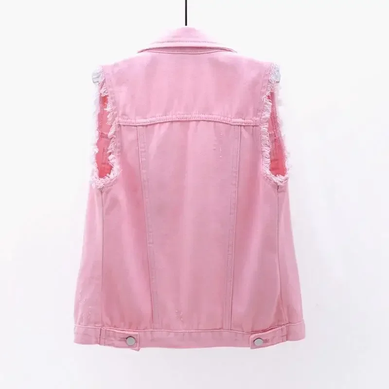 Fashion Pink Denim Vests Women Casual Cowboy Sleevless Jackets 2024 Summer Jean Chalecos Mujer Oversize Short Waistcoat V1668