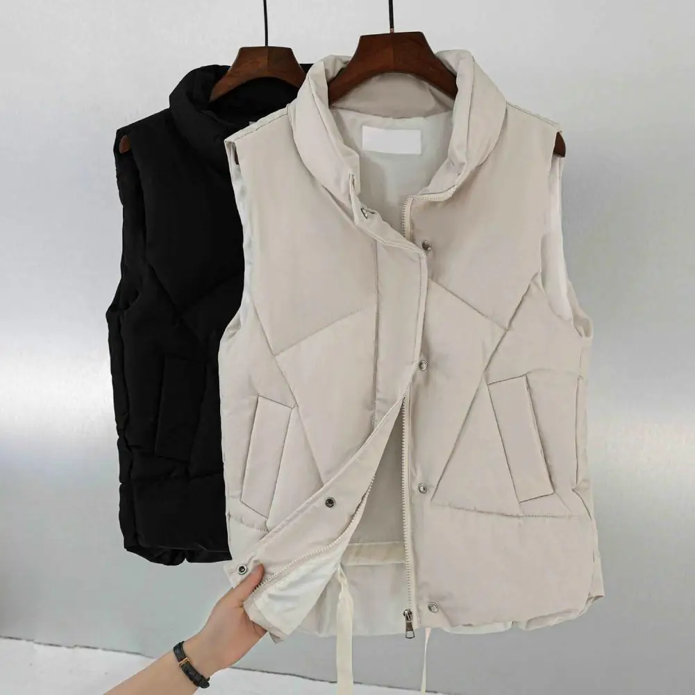 

Autumn Winter Women Waistcoat Stand Collar Sleeveless Vest Coat Windproof Pockets Zipper Buttons Placket Outerwear For Daily