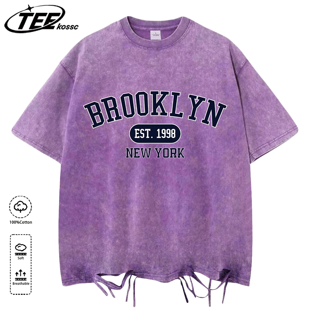 Brooklyn Est New York City Print T-Shirt mit gewaschenen Löchern, O-Ausschnitt, lässig, kurzärmelig, Baumwolle, All-Match-Kleidung, Unisex, weiches Oberteil
