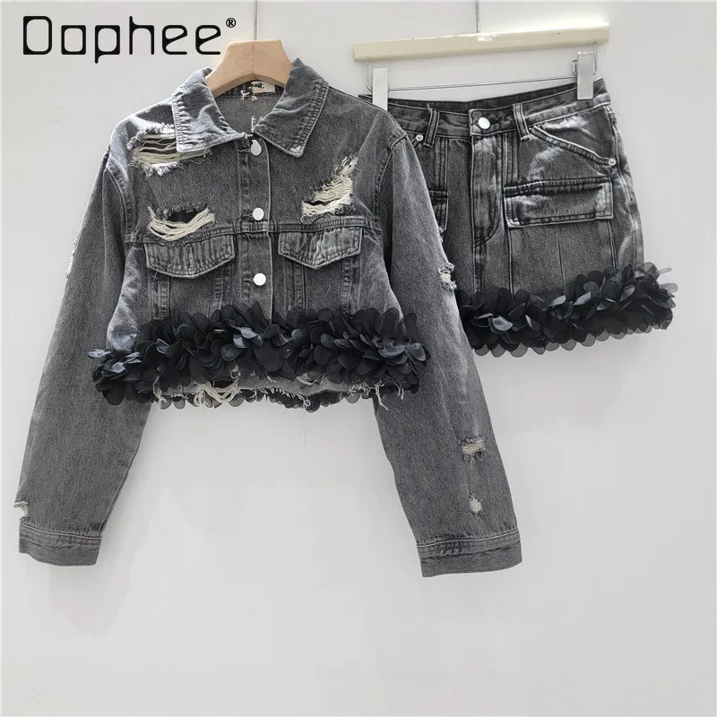 

Design Sense Gray Washed Distressed Patchwork Petal Denim Short Jacket + A-Line Short Skirt Loose Fashion Set for Women Trendy