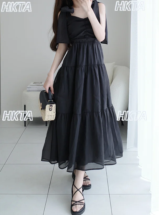 Japanse stijl zomer nieuwe 2025, zoete elegante strikriem, elastische taille, losse commuter lange jarretel, dames chiffon jurken, dames