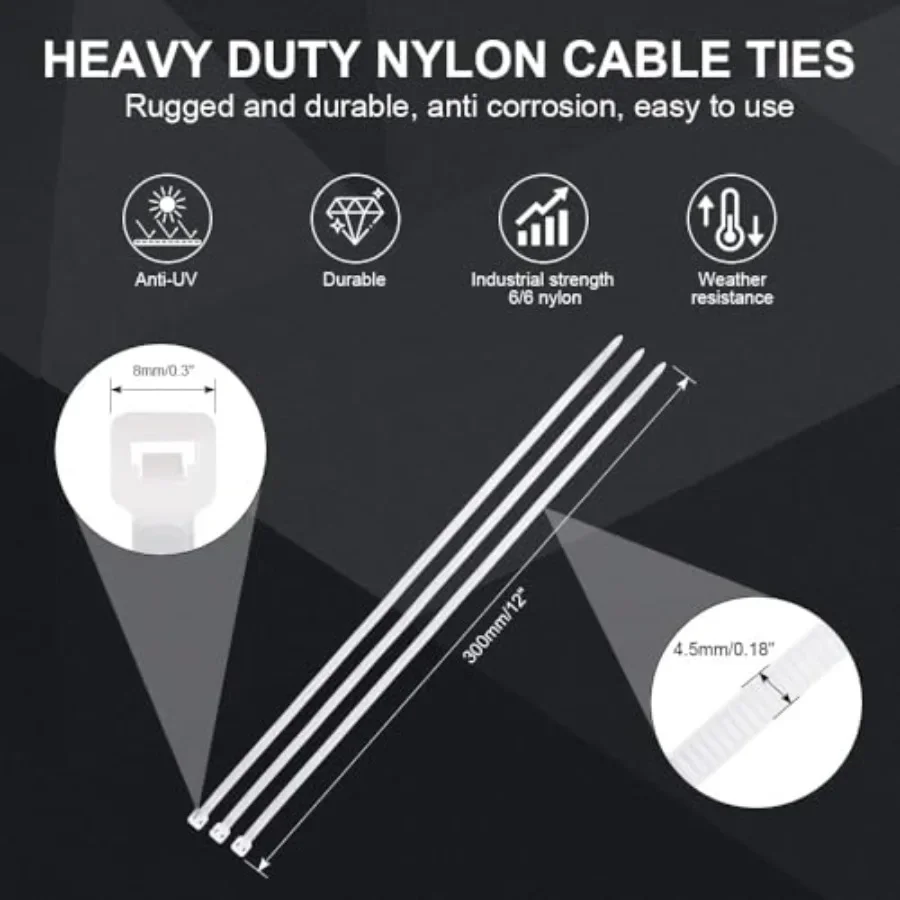 White Zip Ties Heavy Duty 12 inch, 100 Pack, 50LB, Cable Ties, Clear Zipties Premium Nylon UV Resistant Weatherproof, Ideal for