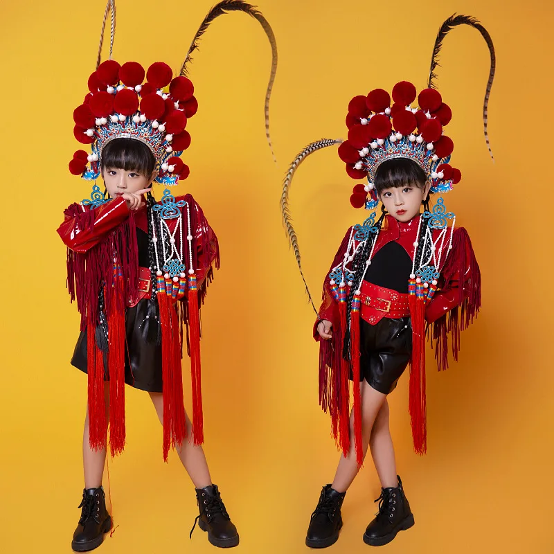 

Girls Red Chinese Style Guochao Model Catwalk Children's Car Model T-Platform Crouching Tiger, Hidden Dragon Performance Clothin