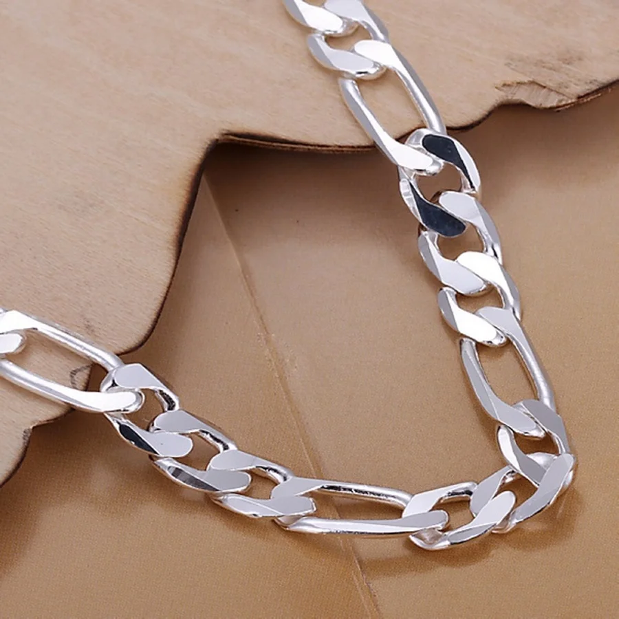 Fine 925 Sterling Silver bracelets 8mm Women Men chain wedding fashion top quality Silver Jewelry Figaro Bracelet 20cm
