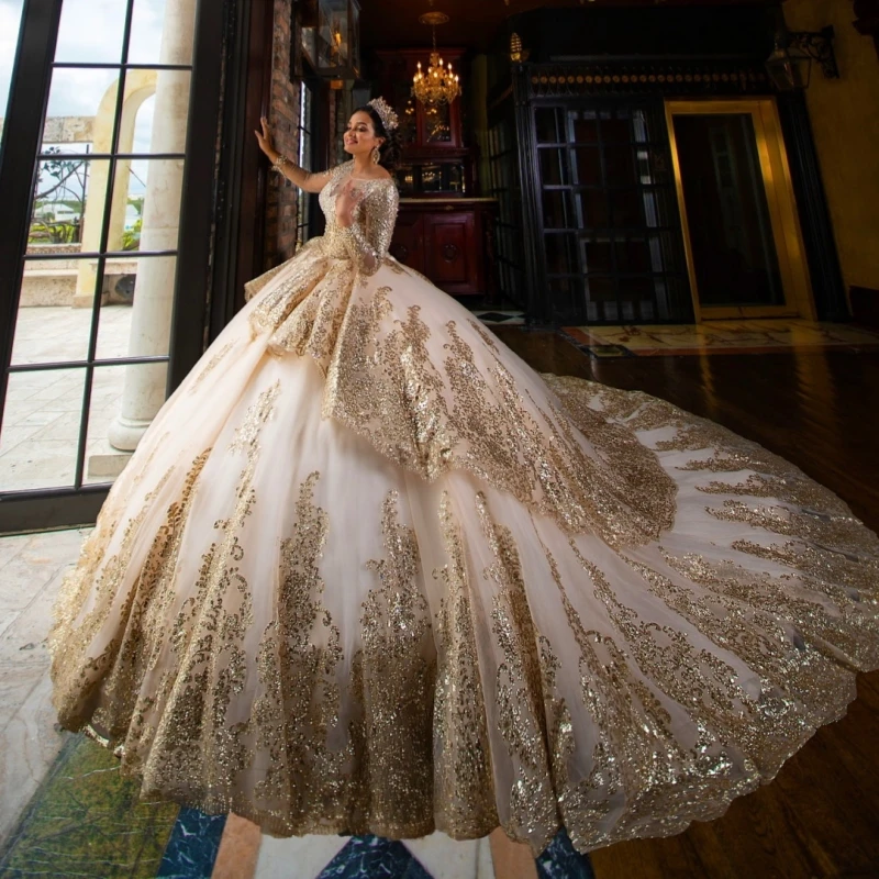 

Блестящие платья Quinceanera цвета шампанского с открытыми плечами, золотая аппликация, кружево с бисером, тюлевое платье для вечеринки, дня рождения, сладкое платье 16, Vestidos 15