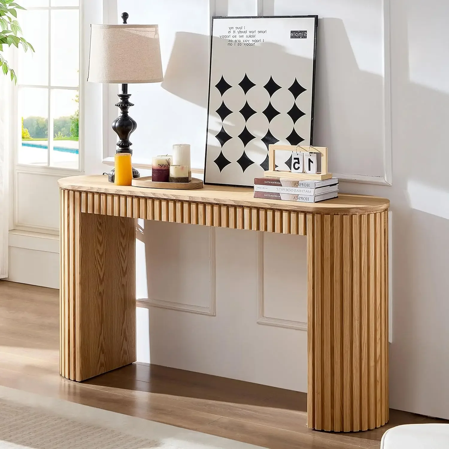 Modern Console Table for Entryway with Drawer, Handcrafted Curved Entryway Table with Unique Vertical
