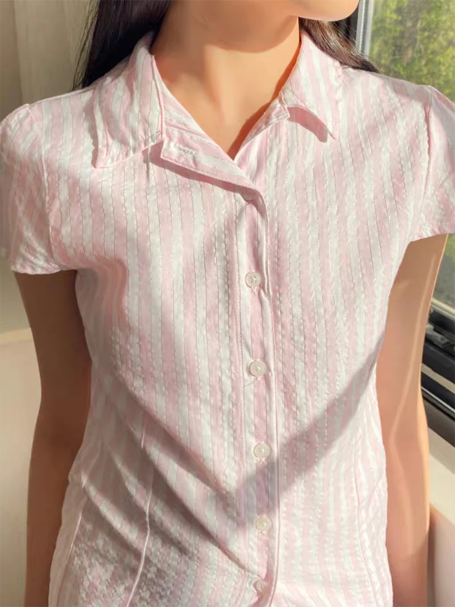 Pink Striped Short Sleeve Slim T-Shirt Blouse Women Turn Down Collar Single Breasted Tees Summer Sweet Cute Preppy Style Tshirts