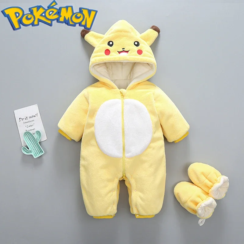 Pokemon Pikachu children\'s one-piece clothes winter baby out warm plus velvet Kawaii Japanese animation around birthday gift