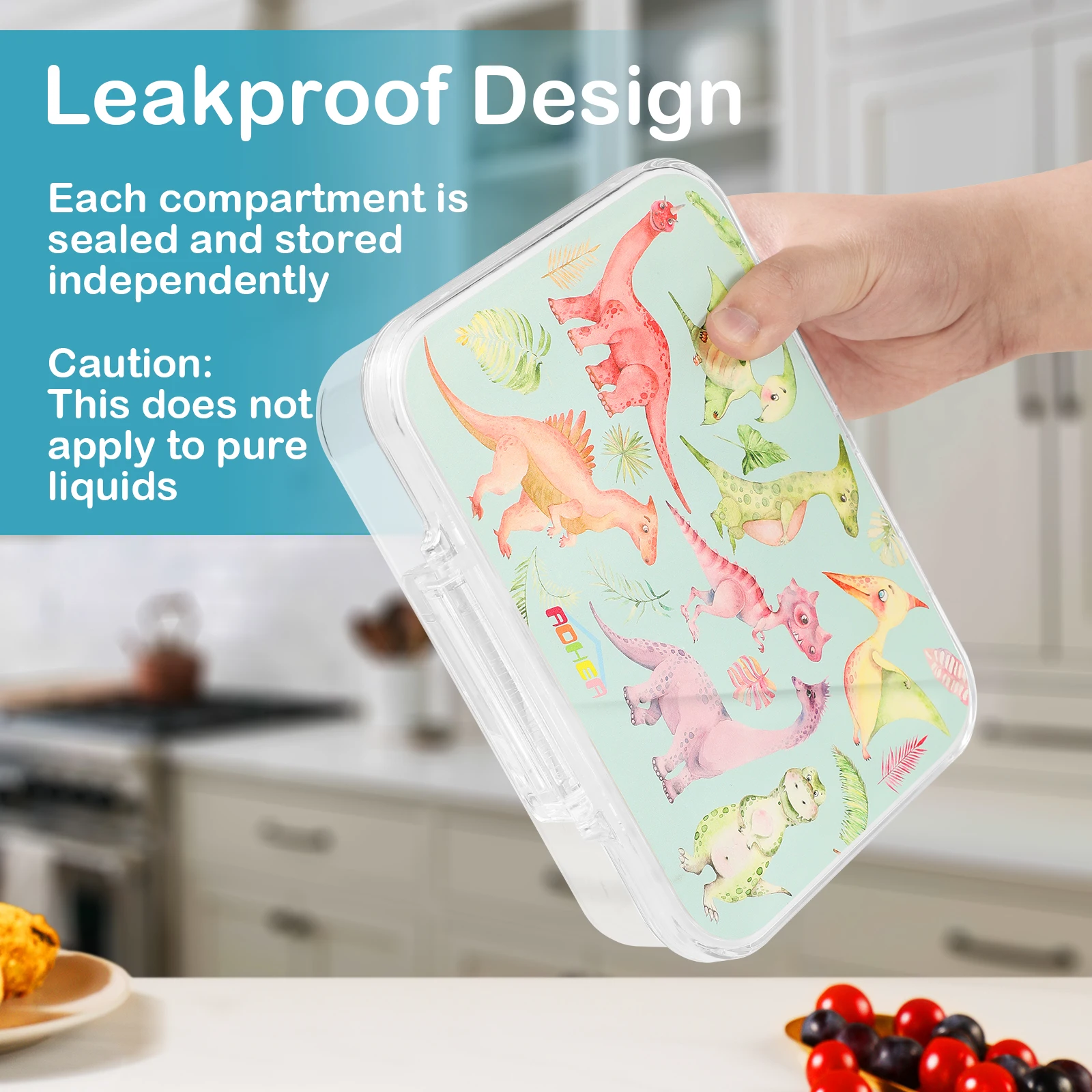 1 PC 4-Grid Leak Proof Lunch Box, Cartoon Pattern Light Green Dinosaur Bento Box, Suitable for Refrigerator Microwave Dishwasher