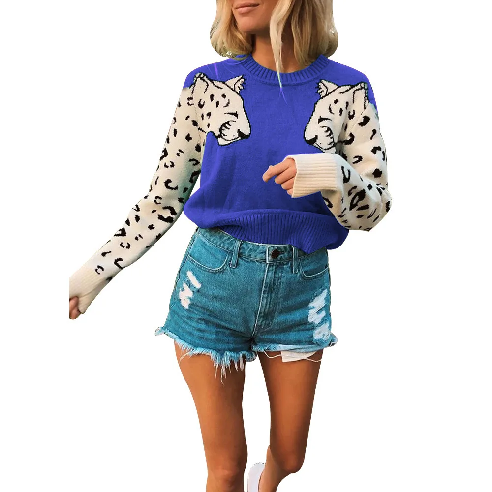 2024 New Women's Knitted Pullover Sweater Crew Neck Pullover Arm Leopard Pattern Long Sleeve Fashion Versatile Soft