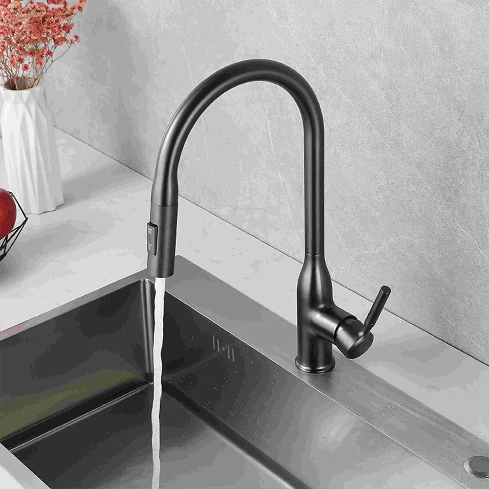 New Single Handle Gray Kitchen Faucet With Pull Down Sprayer High Arc Brass 360 Swivel Kitchen Sink Faucets Deck Mounted Chrome