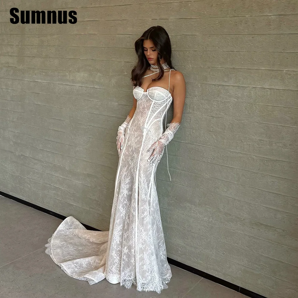 

Sumnus Luxury Strapless Mermaid Wedding Dresses Sexy Sweetheart Lace Bridal Gown Floor Length Corset Bride Dress Train Customize