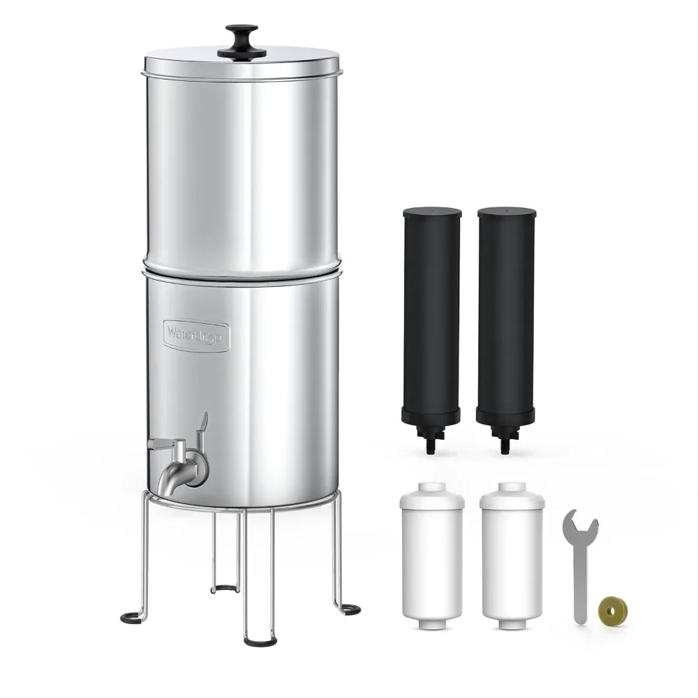 1.5 Gallons Gravity-fed Water Filter System NSF/ANSI 42&372 Standard StainlessSteel System with 4 Filters Metal Spigot and Stand