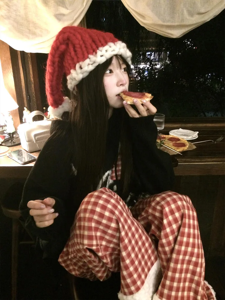 الأحمر منقوشة لامب المخملية المرقعة Fce المرأة فضفاضة بنطال ذو قصة أرجل واسعة الخريف الشتاء عادية عالية الخصر بنطلون طويل