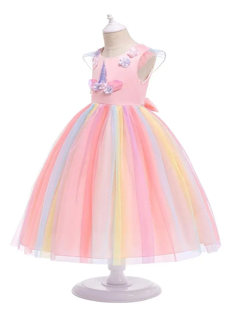 Girls Pink Unicorn Dress Rainbow Princess Costume For Girls Fancy Birthday Party Dress Halloween Perform Costume 3-10Years