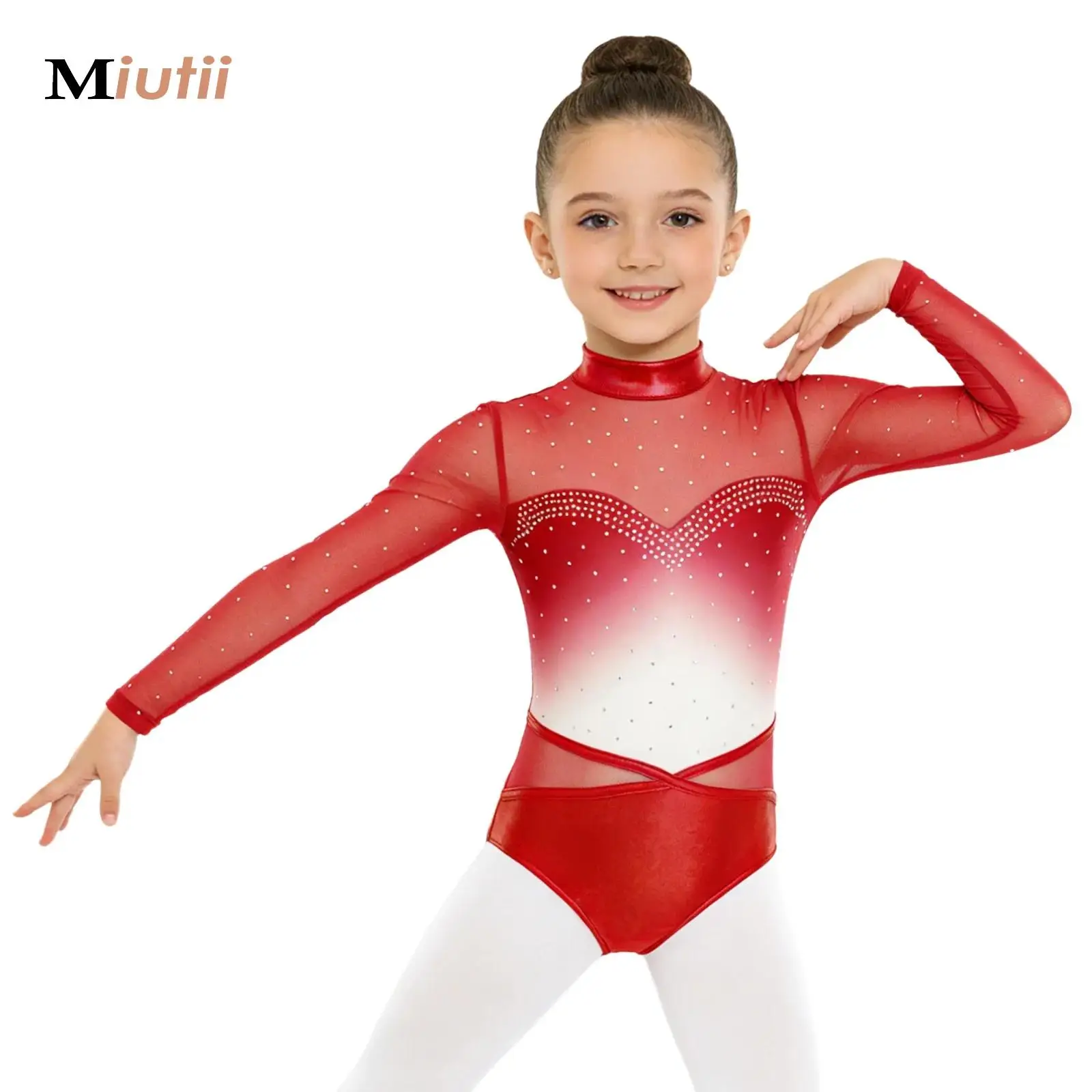 

Gradient Gymnastics Leotard For Girls Sheer Mesh Long Sleeve Bodysuit Shiny Rhinestone Dance Biketard Practice Ballerina Clothes