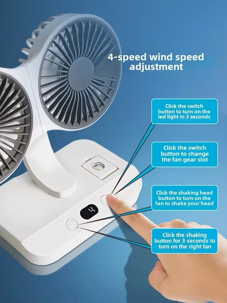 Rechargeable Desk Fan With Double Head And Digital Display_voghion.com