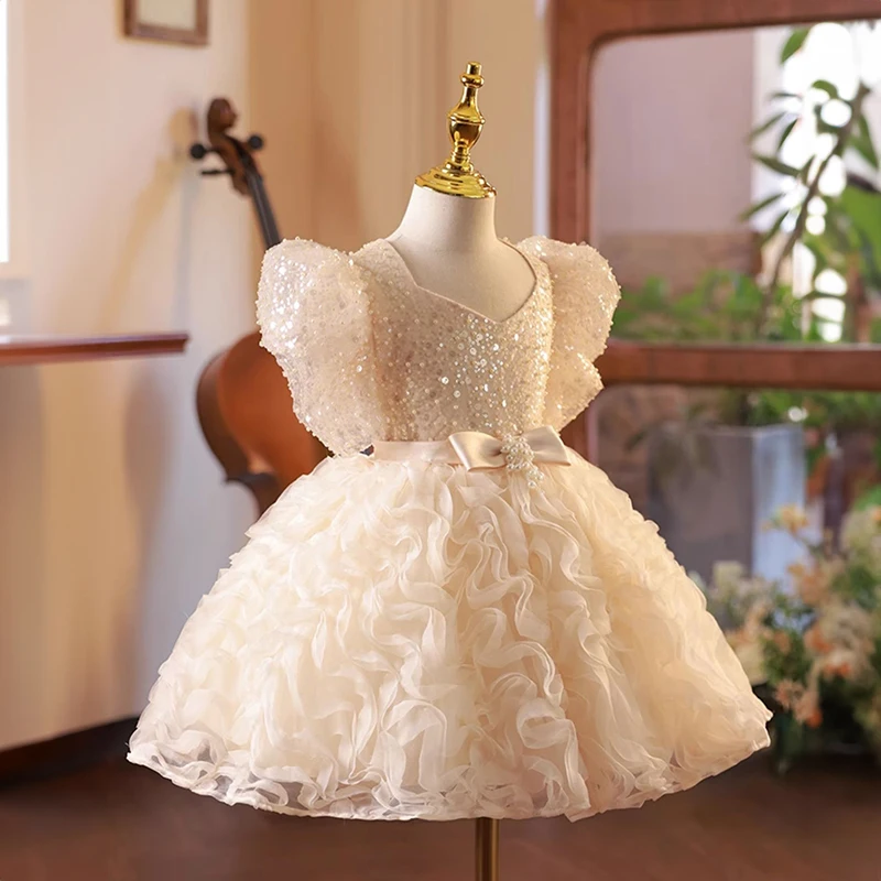 Children Pageant Champagne Dresses for Toddler Girls Princess Wedding Birthday Party Luxury Short Evening Gowns Kids Gala Dress