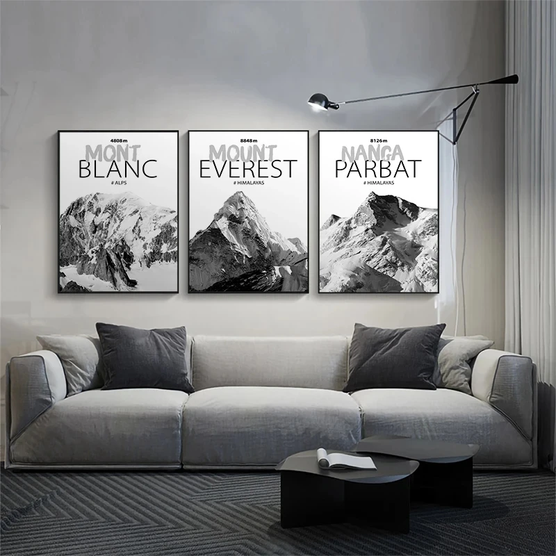 Póster de paisaje blanco y negro, pintura en lienzo, Mont Blanc, Nanga, Parbat, Mount Everest, cuadros de pared impresos, decoración del hogar