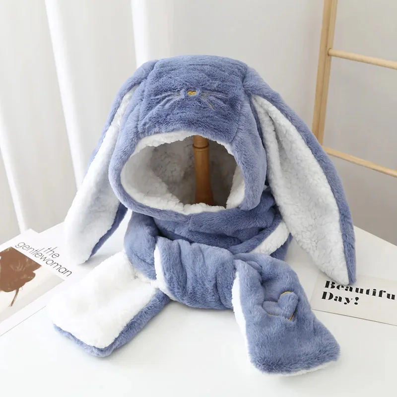

Women Fashion Cute Cartoon Rabbit Ears Plush Cap Girl Winter Warmth Thickened with Scarf Gloves One-piece Hat
