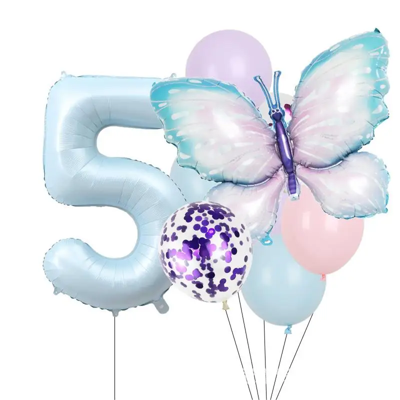 Butterfly Birthday Party Balloons, Blue Age, Number 1, 2, 3, 4, 5, 6, Kids, 1 Years Old, Anniversary Supplies, 10Pcs