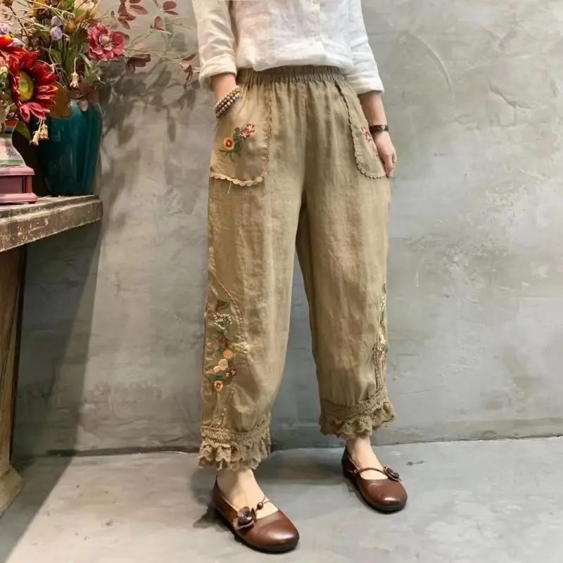 

Spring Summer Cotton Linen Harem Pants for Women 2024 M-2Xl Size Elastic Waist Lantern Pants Women's Cargo Pants Embroidery Z346