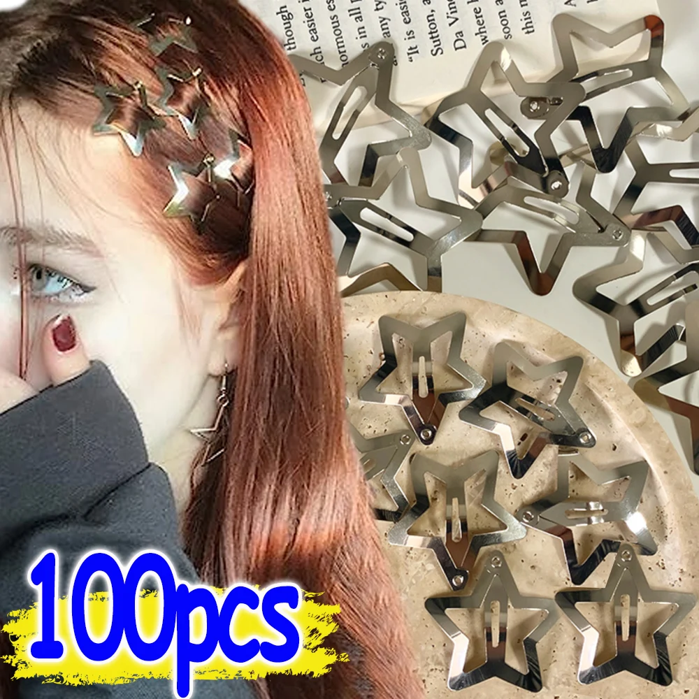 10/100pcs Y2K Silver Star Hair Clips Girls Filigree Star Metal Snap Clip Hairpins Barrettes Hair Jewelry Nickle Free Bobby Pin