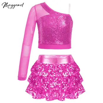 Kids Girls 2Pcs Jazz Dance Outfit Costume Sheer One Shoulder Sequin Crop Top with Metallic Tiered Skirt Cheerleading Performance