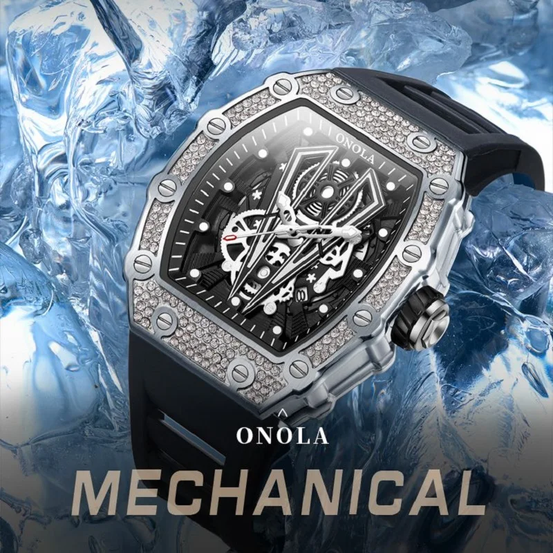 ONOLA, relojes deportivos verdes, reloj informal con correa de silicona resistente al agua, reloj de pulsera de cuarzo Tonneau con diamantes a la moda para hombre, triangulación de envíos