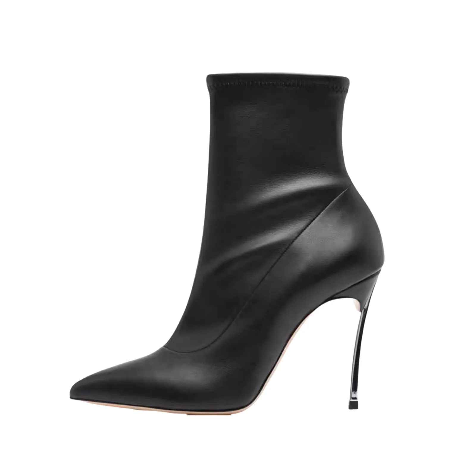 

Arden Furtado 2025 Autumn Winter Elastic PU Metal heel Short boots Pointed toe Pull-on Stilettos heels Modern boots Skinny boots