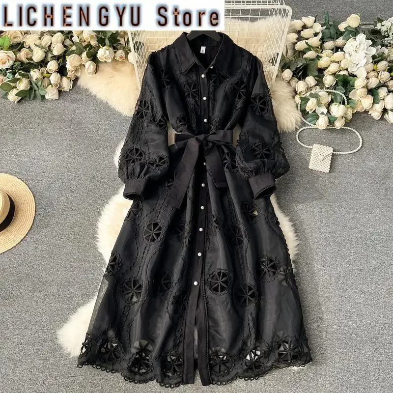 

Sweet Style Women's Dress Embroidery Hollow Out Single-breasted Puff Long Sleeve Vestidos Winter Spring New
