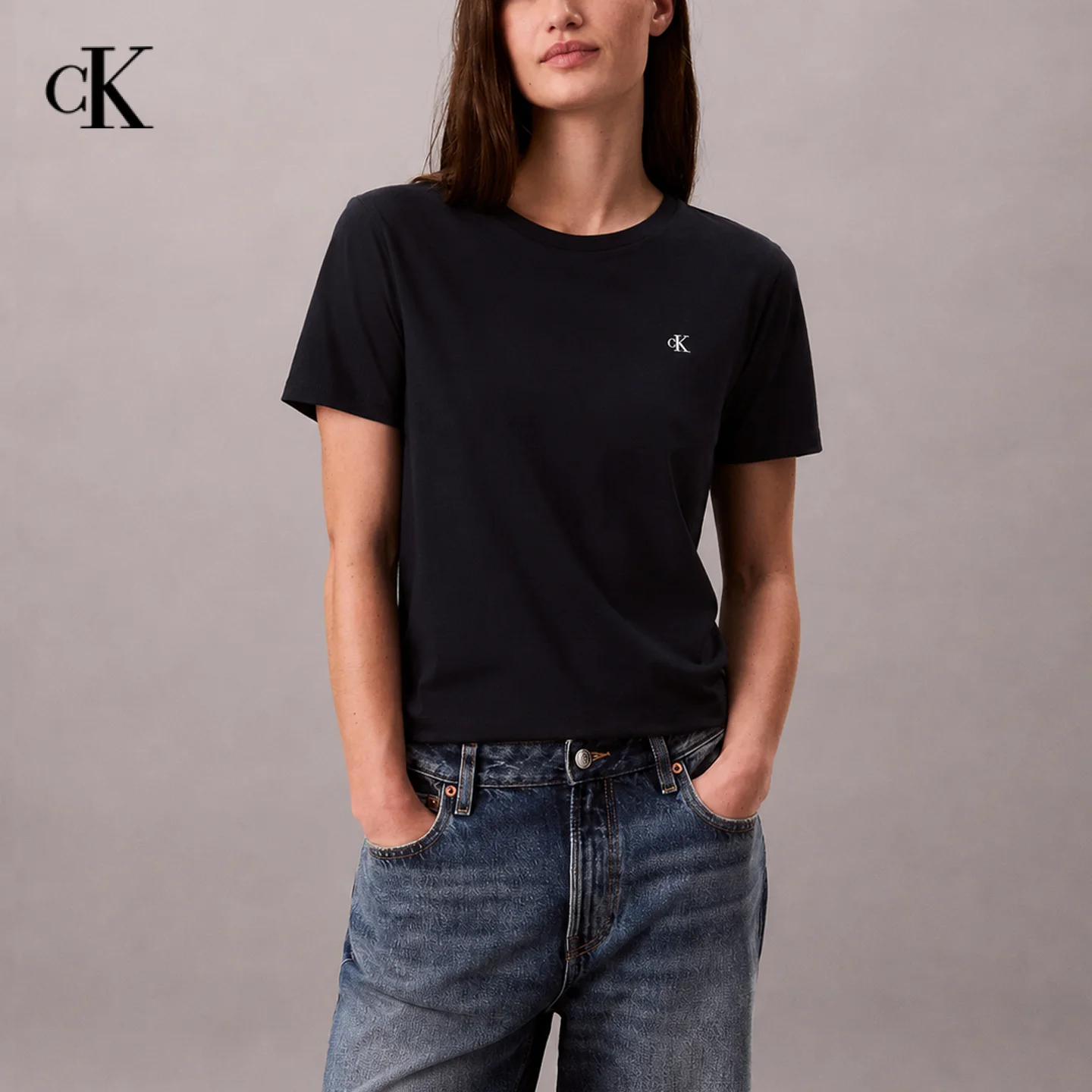 CK Women Crew Neck Short Sleeve Tee Classic Fit Chest Embroidery Simple Stitch Detail Casual Ladies Daily Tops